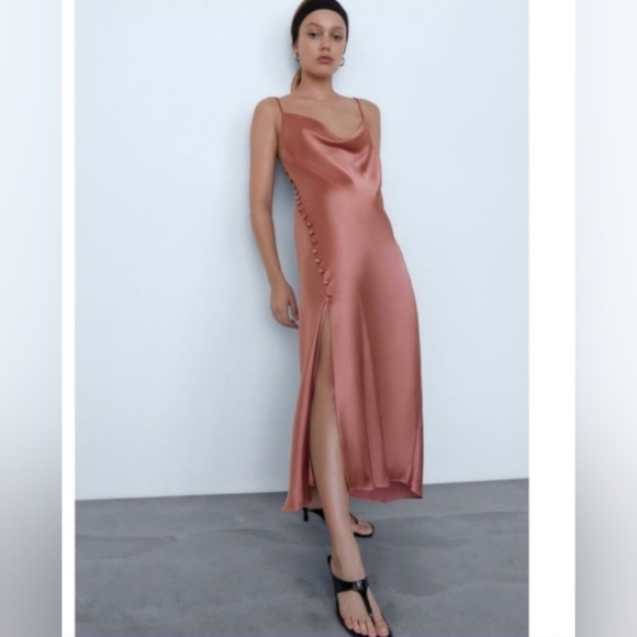 Zara Silky Satin Midi Dress With Button Detail - Picture 2 of 7